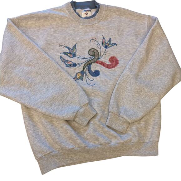 Vintage Jerzees Sweatshirt Women Large Embroidered Floral Pullover Retro 90s - Picture 6 of 15